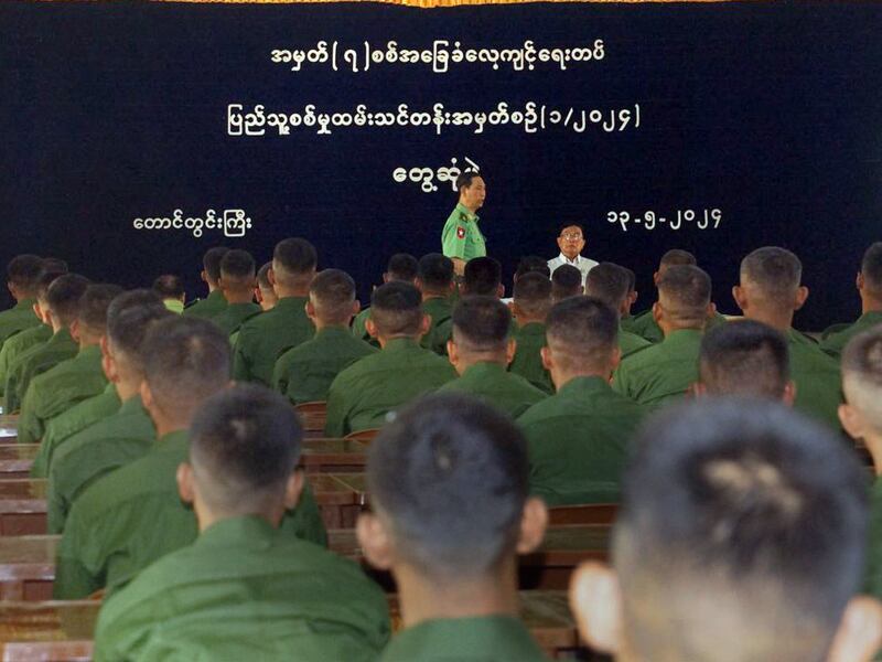 New recruits for mandatory military service attend Basic Training School No. 7 in Taungdwingyi township, Myanmar, May 13, 2024.