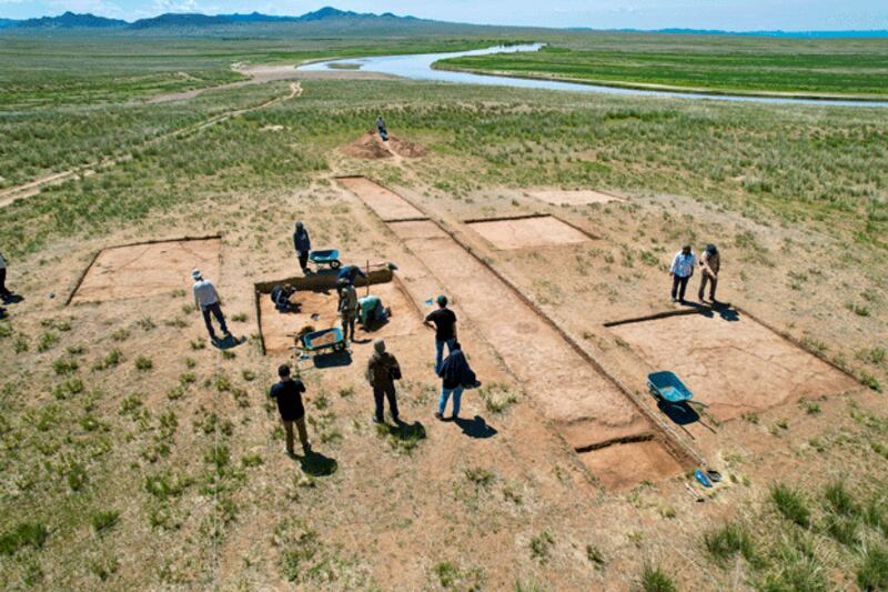 Turkish and Mongolian archeologists excavate the ruins of Togu Balik in northern Mongolia in 2024. (Turkey's Ministry of Culture and Tourism/Turkish Cooperation and Coordination Agency)