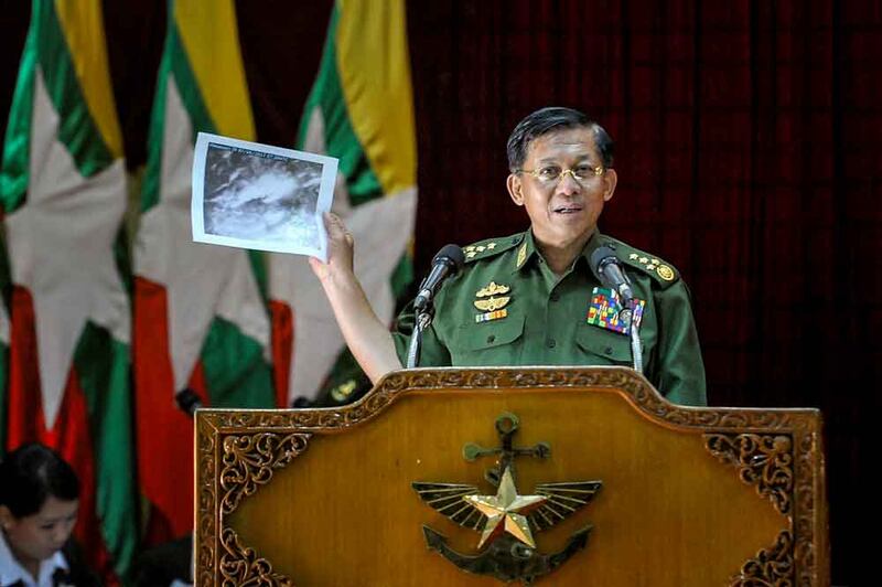 Myanmar military chief Min Aung Hlaing in Naypyidaw on June 10, 2017, at a donations event for victims of the military transport plane crash in the Andaman Sea. (Aung Htet/AFP)