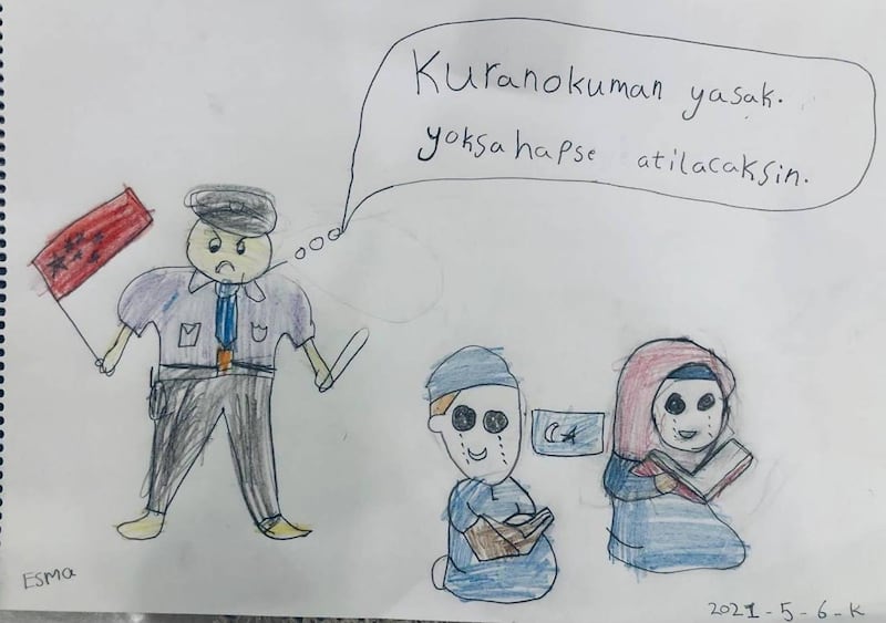 Artwork submitted by students in Turkey to the Ministry of National Education for an 'East Turkestan in my Dreams' competition in May 2021 as part of a bid to highlight China's tactics of persecution in the Xinjiang Uyghur Autonomous Region. 'You are forbidden to read the Qur'an. You will be imprisoned.'