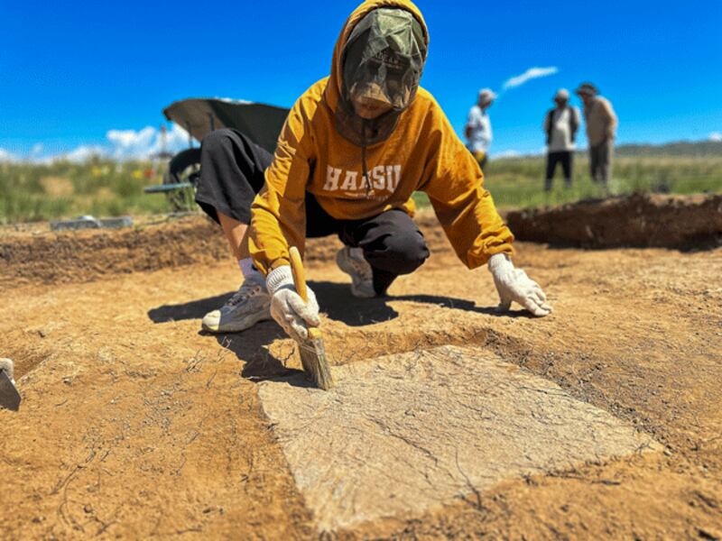 Turkish and Mongolian archeologists excavate the ruins of Togu Balik in northern Mongolia in 2024. (Turkey's Ministry of Culture and Tourism/Turkish Cooperation and Coordination Agency)