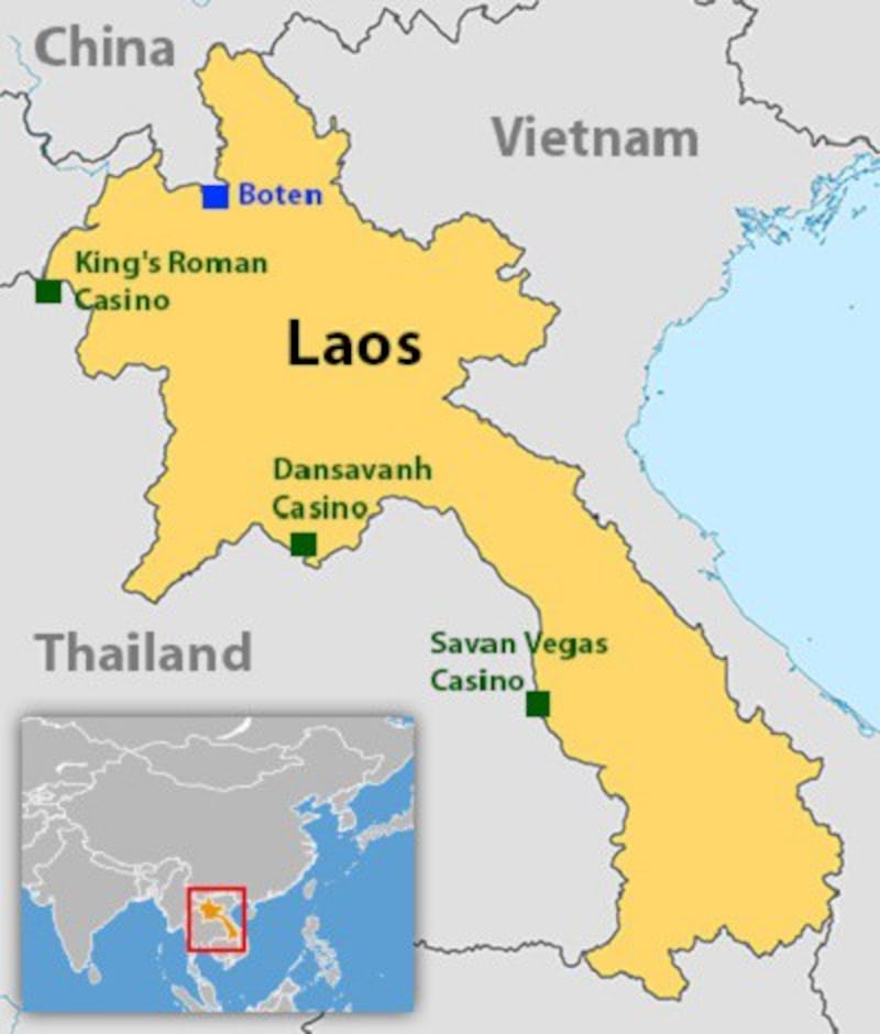 A map showing the three main casinos in Laos and the Boten SEZ. 