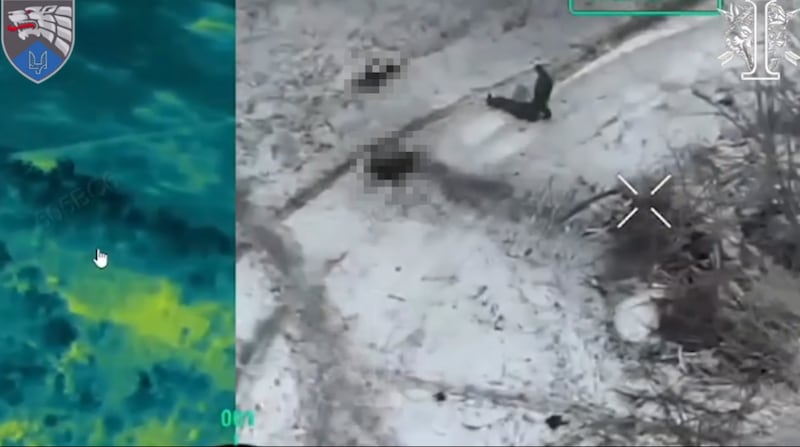 A screenshot of a video released by Ukraine’s 8th Separate Special Operations Regiment. The regiment said it shows a drone attack on North Korean soldiers in the battle fought on Dec. 16, 2024. Part of the image has been blurred by RFA.