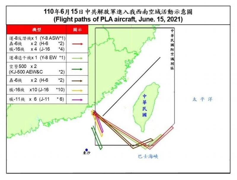 6月15日中国解放军机28架次扰台公开资料史上最大规模。（台湾国防部提供）