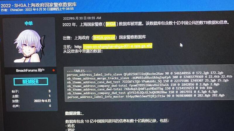 Telegram频道爆出中国上海公安系统遭骇的消息（社媒截图）