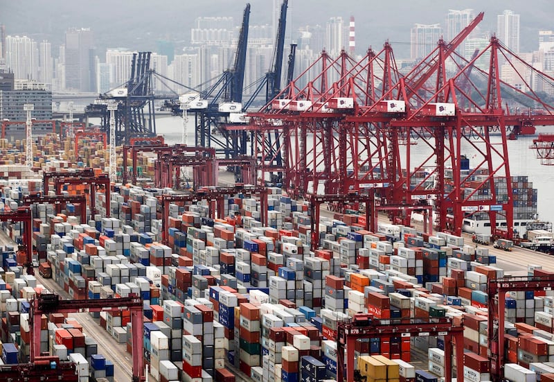 Shipping containers stack at the Kwai Chung terminal at Hong Kong's port on Tuesday, April 7, 2009.(Vincent Yu/AP)