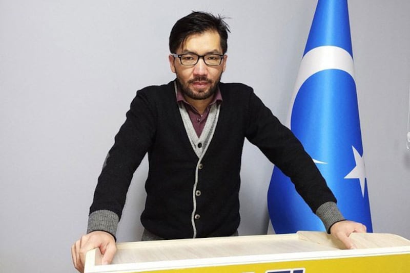 Uyghur human rights activist Idris Hasan speaks at a conference at the Uyghur Research Institute in Turkey in an undated photo.