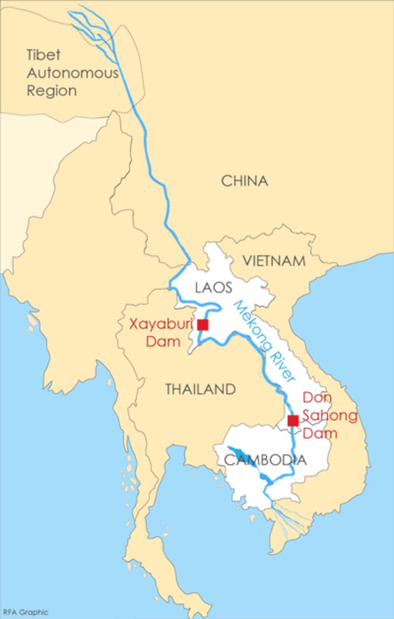 RFA map showing the location of the Xayaburi and Don Sahong dams. 