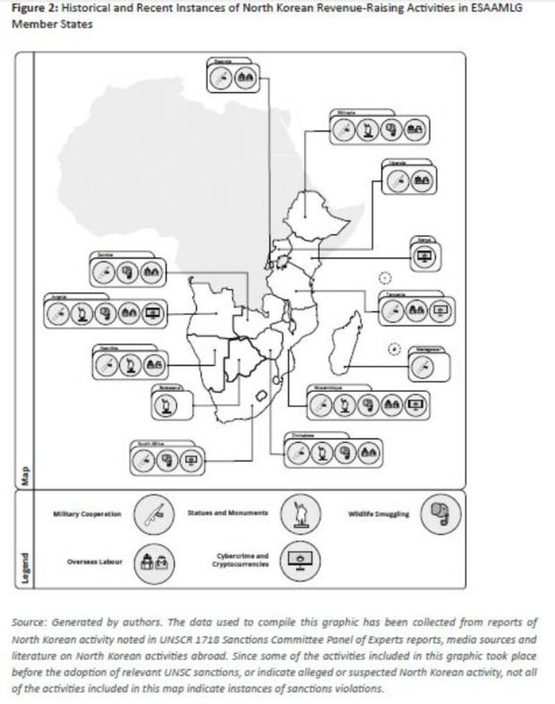 보고서에 따르면 앙골라, 에티오피아, 우간다, 잠비아 등 남동부 아프리카 최소 13개국에서 △군사협력 △건설 및 조각상 사업 △야생동물 밀매 △북한 노동자 송출 △사이버범죄 등 북한의 유엔 안보리 제재위반 행위가 여전히 이뤄지고 있다.