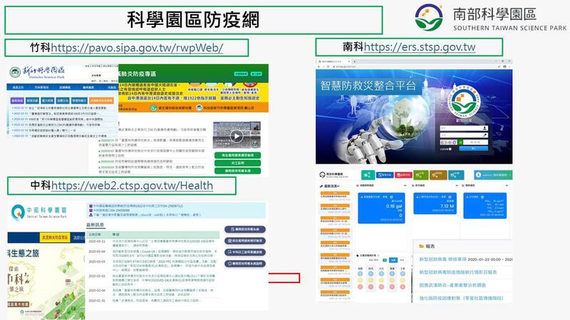 南部科学园区建构防疫网，传递最新讯息，及相关疫情与物资统计。（南科园区管理局提供）