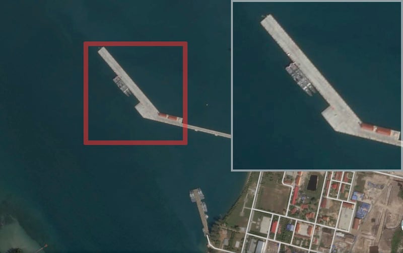 A satellite image taken Dec. 3 of a newly constructed pier at Cambodia's Ream Naval Base. The inset shows what appear to be two Chinese navy ships docked at the pier in preparation for training the Cambodian navy. Credit Planet Labs