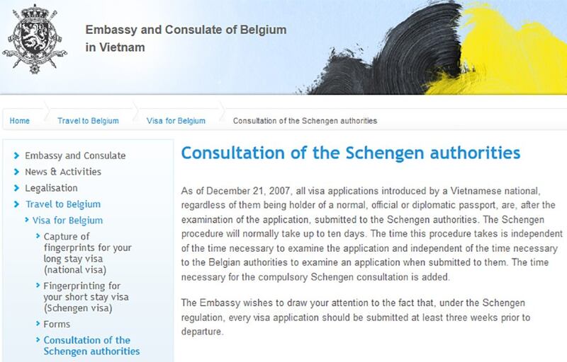 Thông báo của Đại sứ quán và Lãnh sự quán Bỉ ở Việt Nam về quy trình xét duyệt visa Schengen hồi năm 2007.