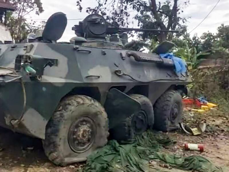 An armored vehicle seized by the  Kachin Independence Army, from the 7006th Military Council Armored Battalion, in Bhamo, Kachin State, Myanmar, Jan. 25, 2025.