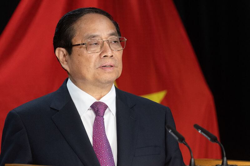 Vietnam's Prime Minister Pham Minh Chinh speaks during a trade signing ceremony at parliament in Wellington, New Zealand, March 11, 2024. (Marty Melville / AFP)