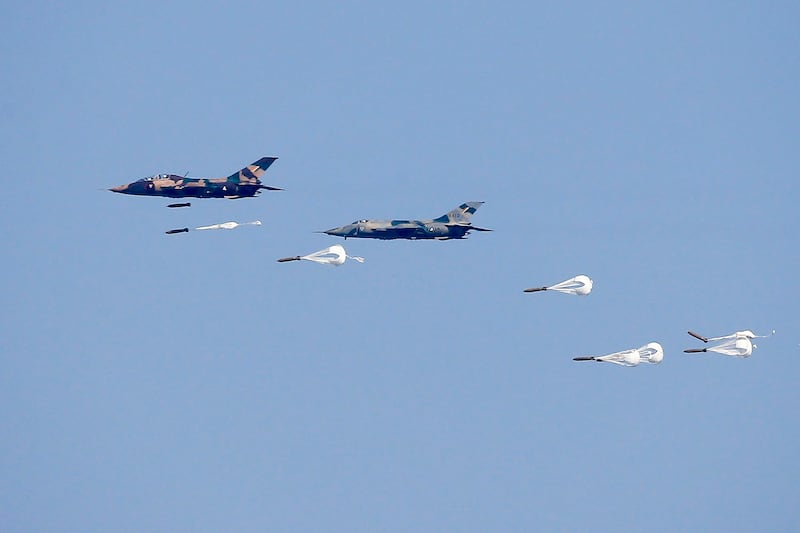 Myanmar Air Force Jet fighters drop bombs during military exercises in Ayeyarwady delta region, Feb. 2, 2018. (Lynn Bo Bo/Pool via AP)