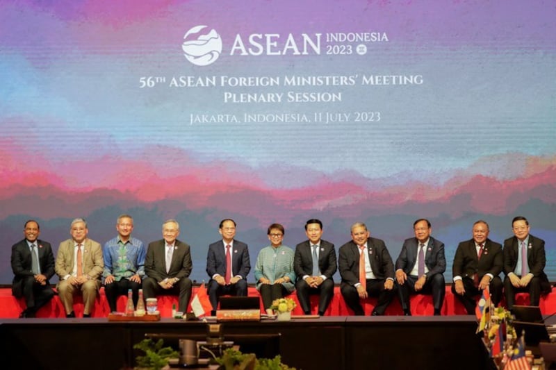 Delegates pose for a photo at a plenary session of the Association of Southeast Asian Nations Foreign Ministers Meeting at Shangri-La Hotel in Jakarta, Indonesia, July 11, 2023. Credit: Reuters