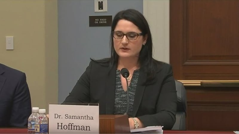 澳大利亚战略政策研究所客座研究员霍夫曼（Samantha Hoffman）在听证会上作证。 （视频截图）