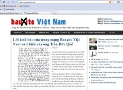 Trang bìa của mạng Bauxite Việt Nam (boxitvn.net). RFA screen cap