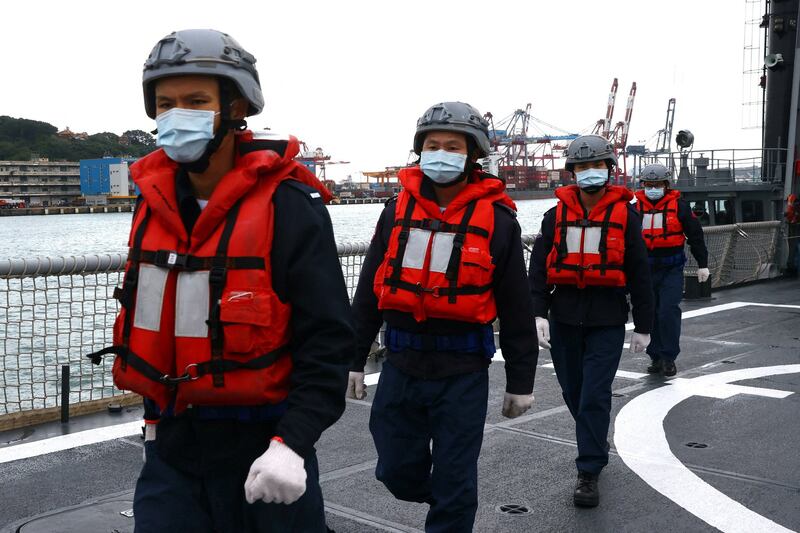 Navy soldiers prepare to depart on a Tuo Chiang-class corvette during a drill in Keelung, Taiwan, Jan. 7, 2022. Credit: Reuters