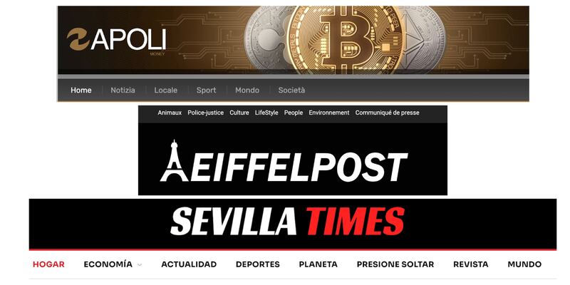 napolimoney[.]com（意大利）、eiffelpost[.]com（法国）、sevillatimes[.]com（西班牙）的命名模式范例。（图片来源：PAPERWALL报告）