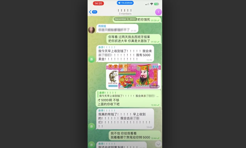 A text exchange between Su Yutong, Wang Jingyu and a third person who threatens to harm them and says he has been paid to do so. Credit: Wang Jingyu