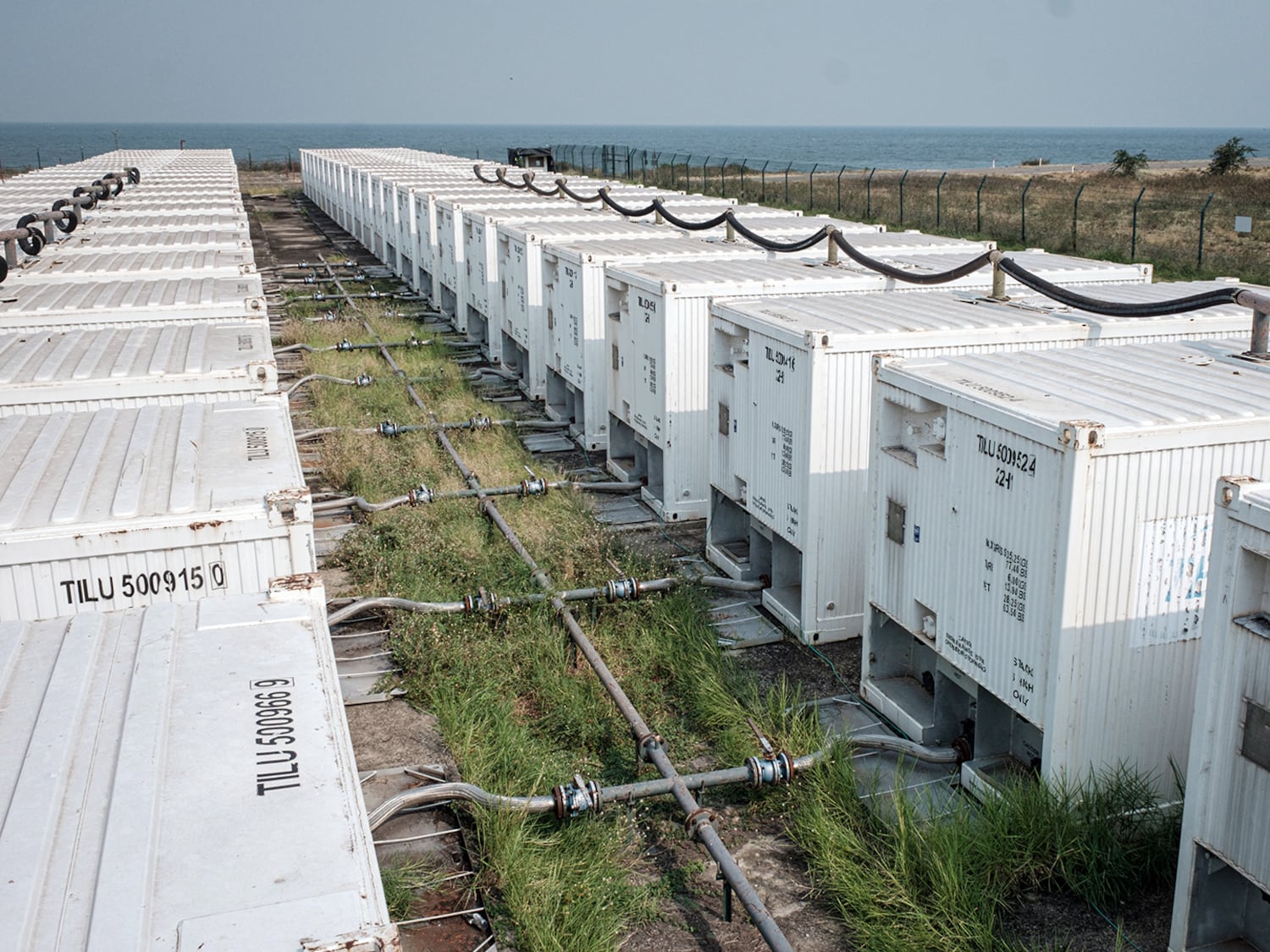 Remained containers of crude oil at the test drilling site of the China National Offshore Oil Corporation, which operates the 