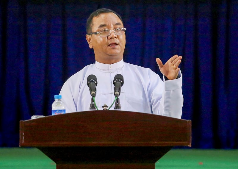 Myanmar's military junta spokesman Zaw Min Tun speaks during the information ministry's press conference in Naypyitaw, Myanmar, March 23, 2021. (Reuters)