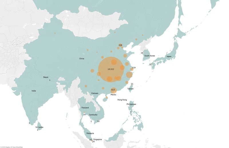  A map showing the latest confirmed cases of the novel coronavirus (nCoV) in Asia.