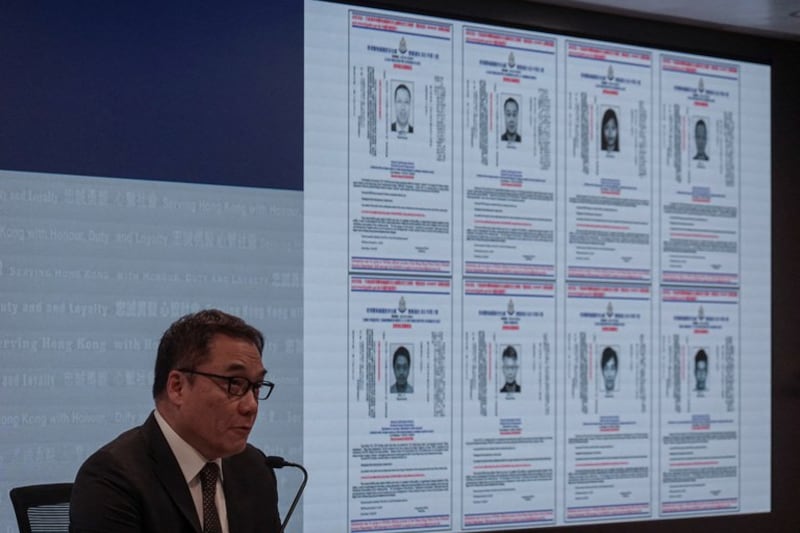 Chief Superintendent of Police (National Security) Li Kwai-wah speaks during a press conference to issue arrest warrants for eight activists and former lawmakers, in Hong Kong, July 3, 2023. Credit: Joyce Zhou/Reuters