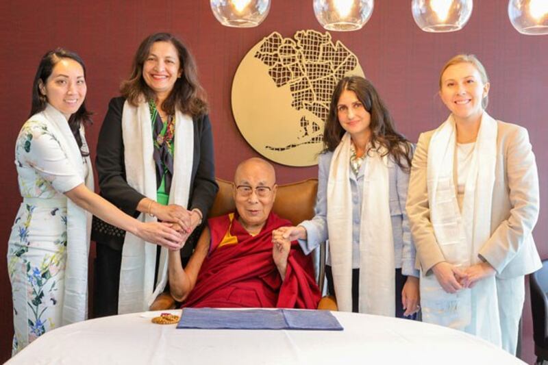 Uzra Zeya (2nd from L), U.S. under secretary of state for civilian security, democracy, and human rights, and and Kelly Razzouk (2nd from R), special assistant to the president and senior director for democracy and human rights stand beside the Dali Lama (C) in an image posted on Zeya's X account, Aug. 21, 2024. (US Department of State)