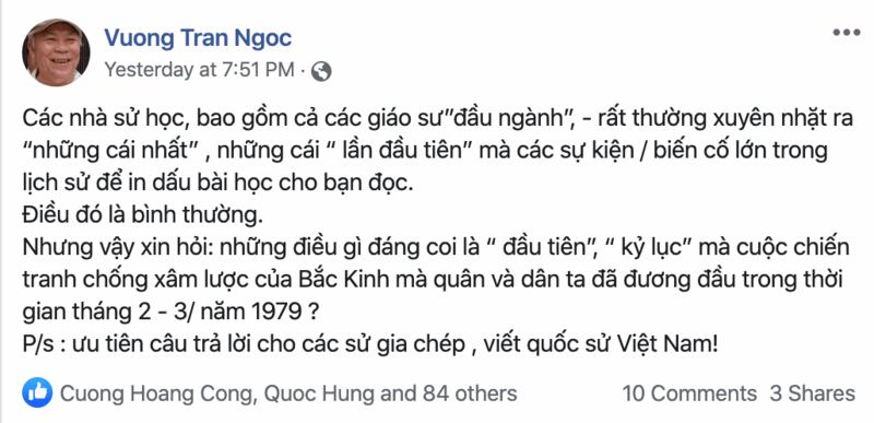 Status trên Facebook của GS. TS Trần Ngọc Vương