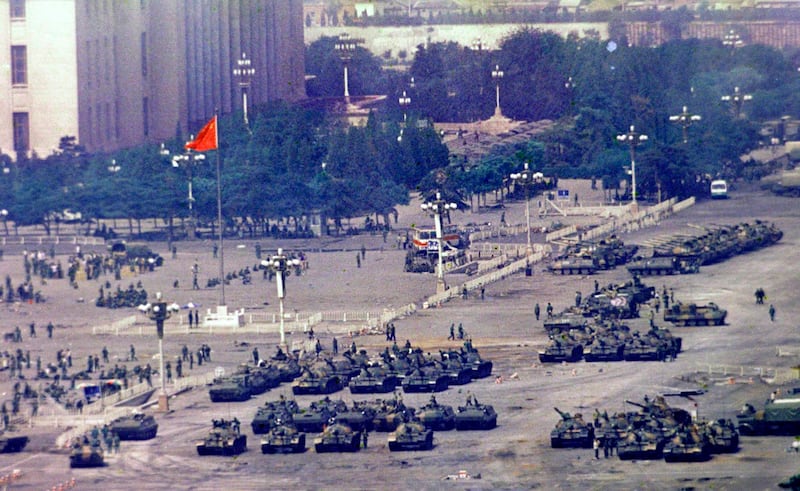 Chinese troops and tanks gather in Beijing, one day after the military crackdown that ended the seven week pro-democracy demonstration on Tiananmen Square in Beijing on June 5, 1989. Credit: AP