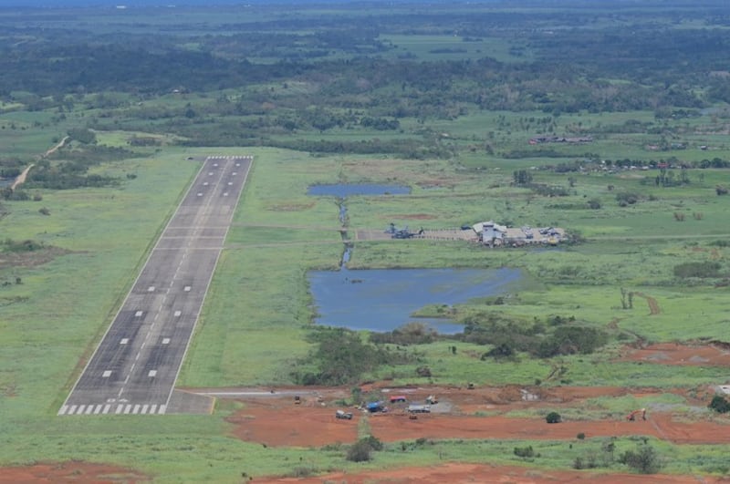 The runway and aircraft parked on the tarmac are seen in this aerial photo of the Lal-lo military airfield in northern Cagayan province, Philippines, Aug. 3, 2023. Credit: Jam Sta Rosa/AFP/pool