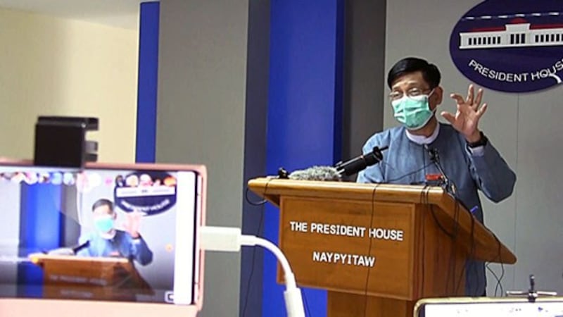 Myanmar government spokesman Zaw Htay speaks to reporters during a press conference in Naypyidaw, Sept. 4, 2020.