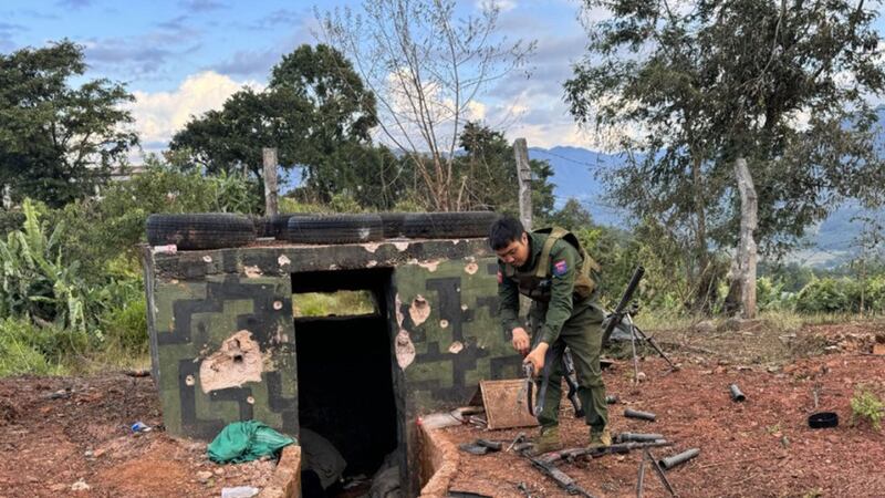 Myanmar National Democratic Alliance Army troops examine the recaptured Nansalet military camp on Nov. 25, 2023. (The Kokang)