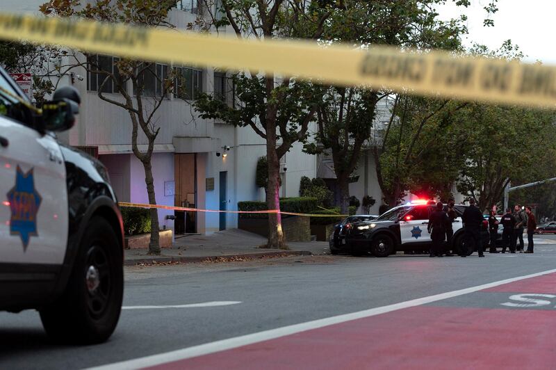 Police officers are seen outside the visa office of the Chinese consulate in San Francisco, California, on Oct. 9, 2023. Credit: Laure Andrillon/AFP