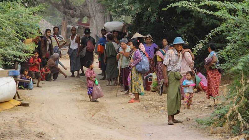 Displaced residents in Myanmar's Sagaing region flee raiding military troops on April 21, 2023. Credit: Citizen journalist