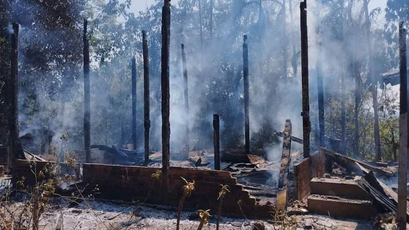 Myanmar junta troops destroyed homes in Thandaung city, Kayin state, Myanmar, with artillery and arson attacks, Feb. 21, 2023. Credit: Citizen journalist