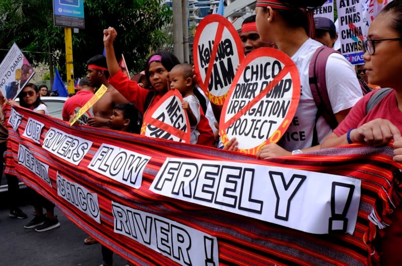 Members of a Dumagat tribal community join students during a protest in Manila against the Chinese-backed Kaliwa Dam project which, critics say, would destroy the environment in the Sierra Mountain range in Luzon Island, April 9, 2019. Credit: BenarNews