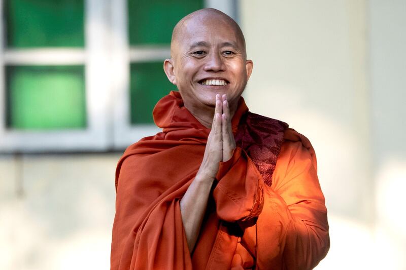 Ultranationalist monk Wirathu hands himself in to face charges of sedition at a police station in Yangon, Nov. 2, 2020. Credit: Reuters