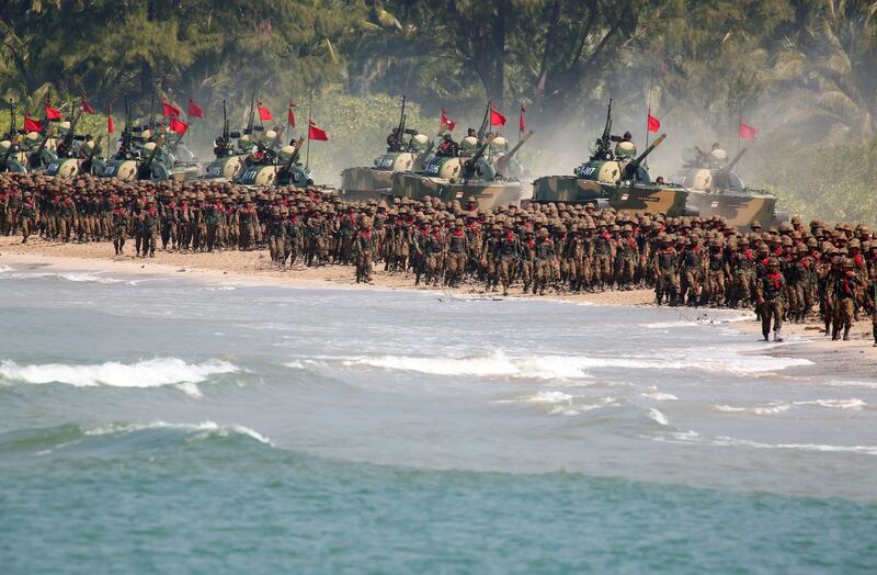 Myanmar military troops take part in a military exercise in Ayeyarwady delta region in Myanmar in 2018. (Lynn Bo Bo/Pool via Reuters)