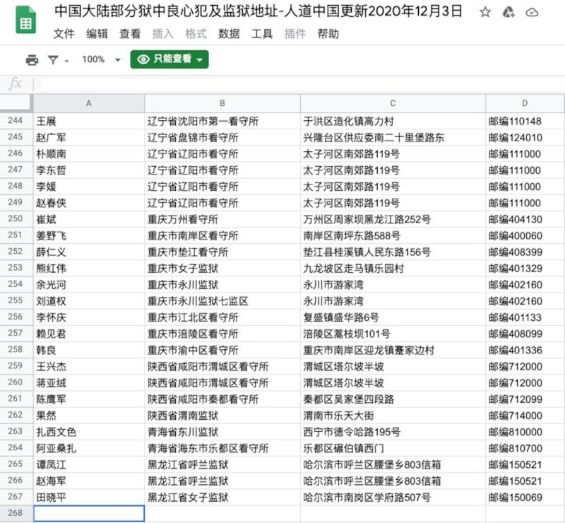 “人道中国”公布的中国政治犯名单，内有超过260人的姓名及被关押地点。（来源：“人道中国”脸书）