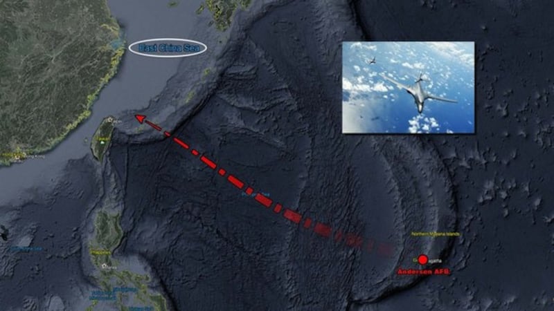 追踪飞机动态的推特帐号“飞机守望” 6月6日透露，美军驻关岛2架B-1B超音速战略轰炸机、KC-135加油机，飞向东海执行任务并掠过台湾东北海域。（file，图取自twitter.com/AircraftSpots）