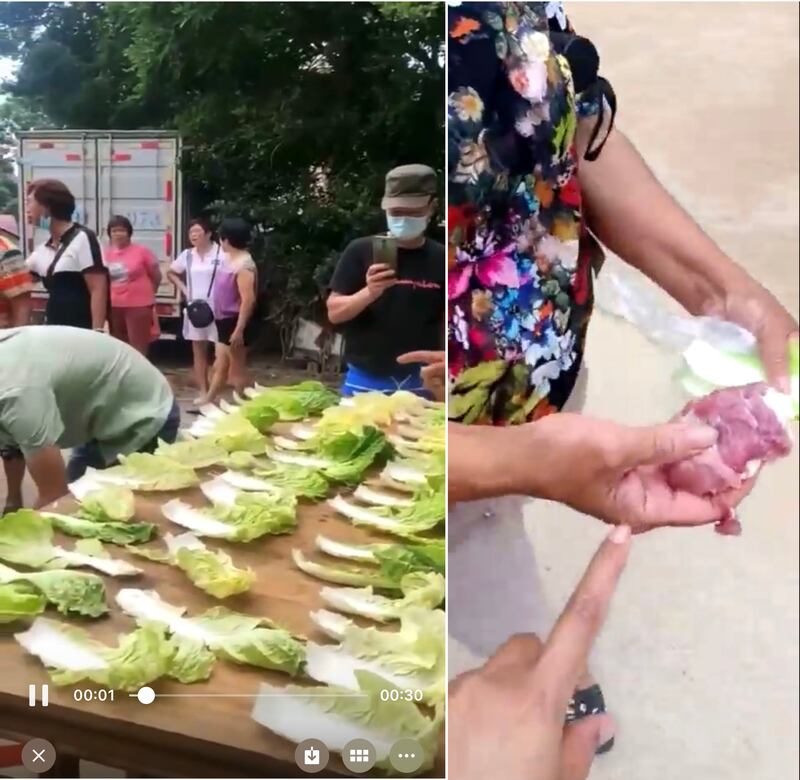 廣東湛江蔬菜不足，小販出售貴價肉和白菜葉。湛江一居民以兩百多元買了三兩肉，兩片白菜葉。（網絡圖片）