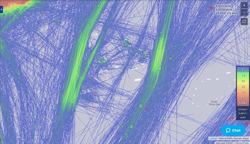 Shipping traffic in the northern half of the South China Sea in in 2017. Green lanes indicate higher volumes of traffic. In both years, most ships preferred to go around rather than through the Paracel Islands, which China occupies and has made into a major military hub. 