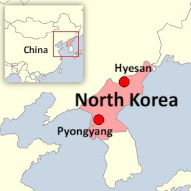 The map shows the location of the city of Hyesan in Yanggang province, North Korea.