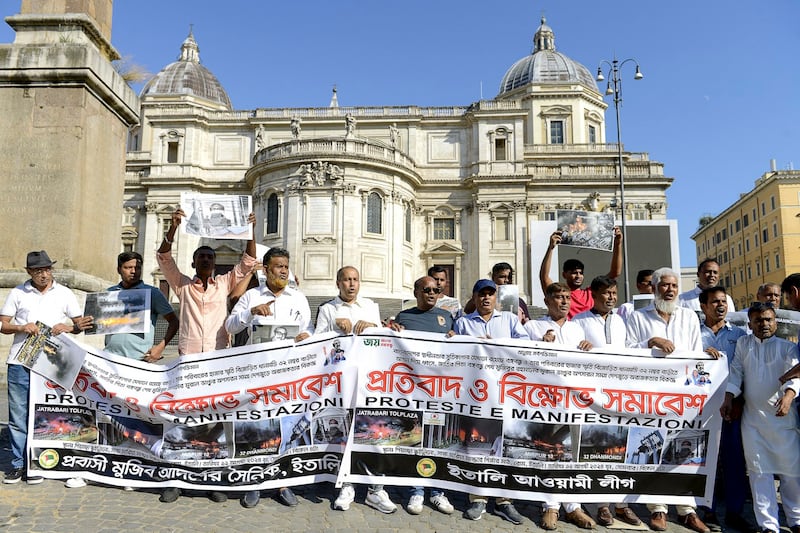 Members of the Bangladeshi community in Rome demonstrate in support of former leader of Bangladesh, Sheikh Hasina, in Piazza dell'Esquilino, Aug. 12, 2024 in Rome, Italy. (Simona Granati/Corbis via Getty Images)