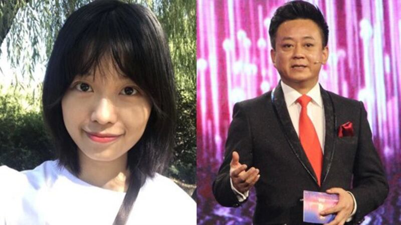 网名“弦子”的妇女（左）在微博上公开发文指控中国中央电视台主持人朱军（右）2014年对正在电视台实习的她性骚扰（Public Domain）