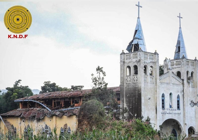 A Myanmar junta airstrike severely damaged Ave Maria church in Kayah state's Hpruso township, Aug. 12, 2023. Credit: KNDF