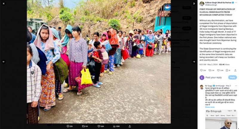 A screenshot of a post on X about the deportation of Myanmar refugees by N. Biren Singh, chief minister of northeastern India's Manipur state, May 2, 2024. (@NBirenSingh via X)